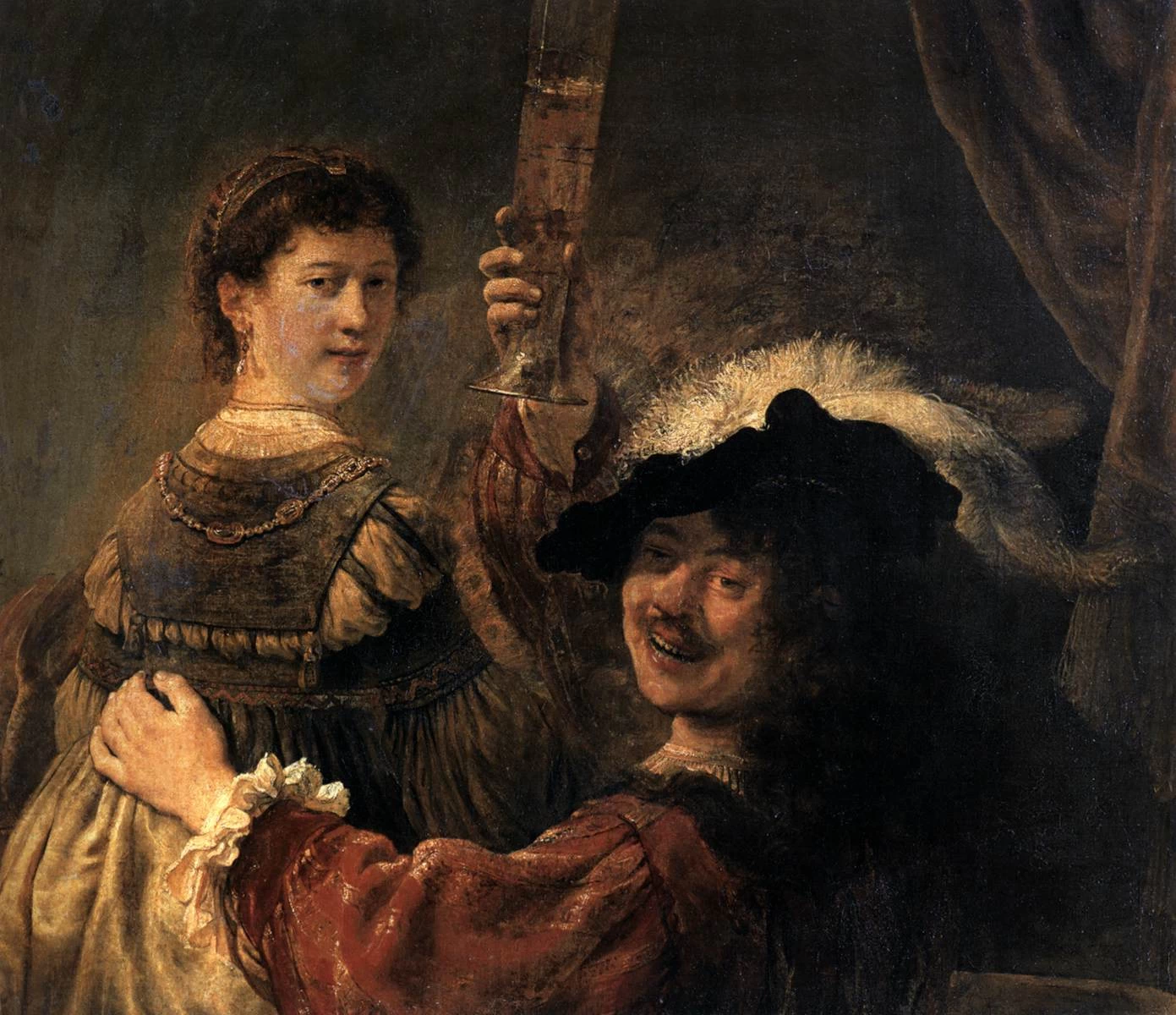 Autoritratto di Rembrandt con Saskia nella scena del figliol prodigo nella taverna - Gemäldegalerie, Dresden, dettaglio